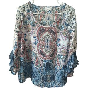 FRYE & CO Blouse Womens M Blue Paisley Chiffon Belle Sleeve Babydoll Top Boho